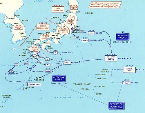 Operation Downfall - planned Allied invasion of Japan - showing Operation Olympic and Operation Coronet phases
